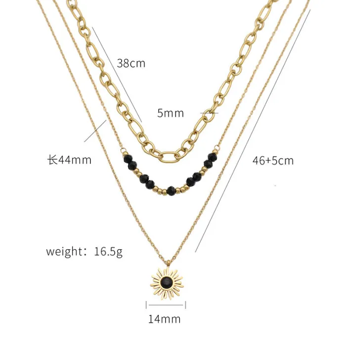 Layered Black Beaded Sun Pendant Necklace – Trendy Multi-Strand Choker for Women