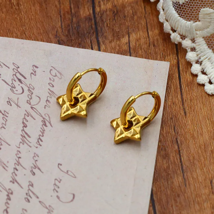 18K Gold Stainless Steel Star Flower Geometric Drop Earrings – Minimalist Textured Hoop