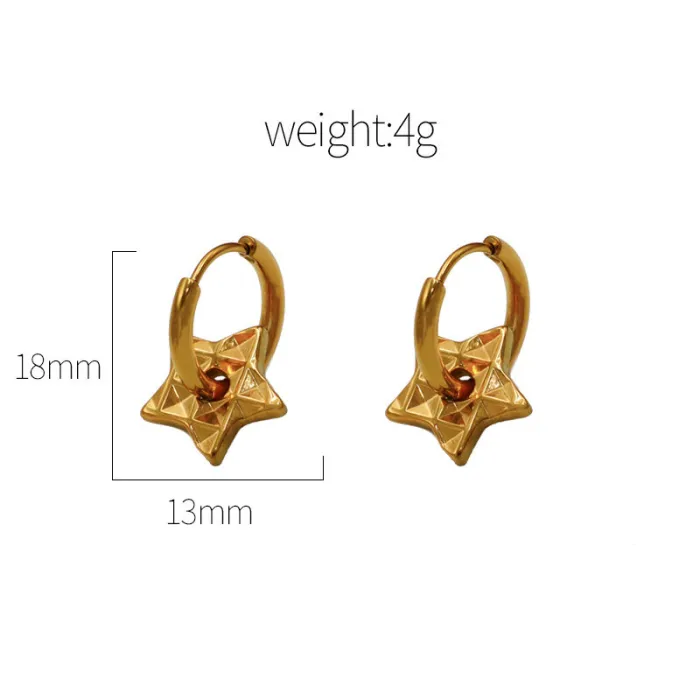 18K Gold Stainless Steel Star Flower Geometric Drop Earrings – Minimalist Textured Hoop