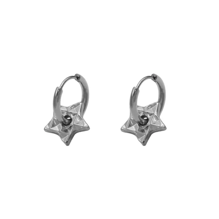 18K Gold Stainless Steel Star Flower Geometric Drop Earrings – Minimalist Textured Hoop