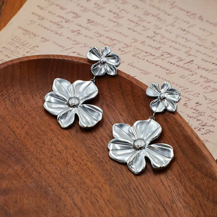 Vintage Floral Earrings – Gold Double Flower Drop Dangle, Elegant Statement Jewelry for Women & Gifts