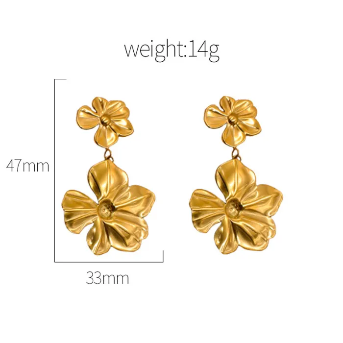 Vintage Floral Earrings – Gold Double Flower Drop Dangle, Elegant Statement Jewelry for Women & Gifts