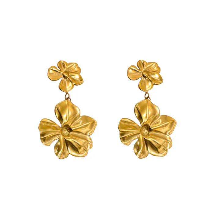 Vintage Floral Earrings – Gold Double Flower Drop Dangle, Elegant Statement Jewelry for Women & Gifts