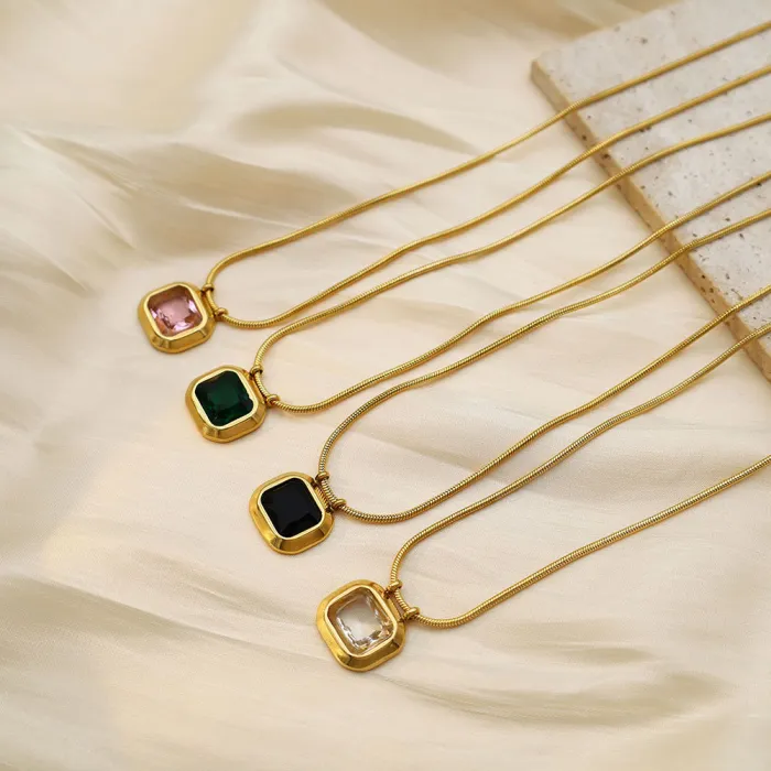 Wholesale Geometric Square CZ Pendant Necklace – 18K Gold Plated Stainless Steel Choker for Women
