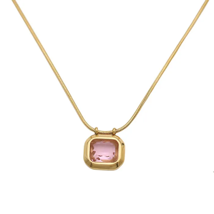 Wholesale Geometric Square CZ Pendant Necklace – 18K Gold Plated Stainless Steel Choker for Women