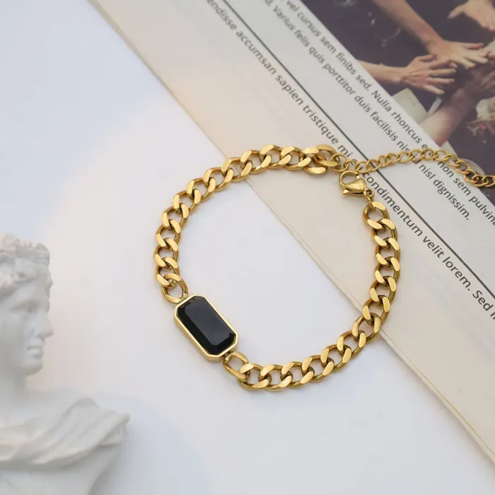 Wholesale Black Square CZ Hip Hop Bracelet – 18K Gold Plated Stainless Steel Jewelry for Women