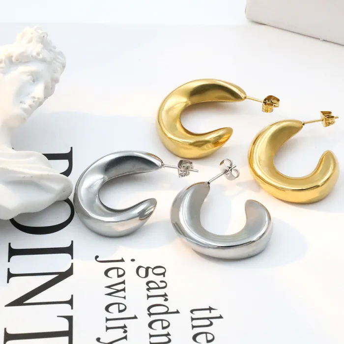 Wholesale Geometric C-Shaped Hollow Earrings – Minimalist Stainless Steel Jewelry for Women