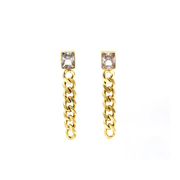 Wholesale Stainless Steel Tassel Chain Earrings – Square CZ Studs, Elegant Jewelry for Women