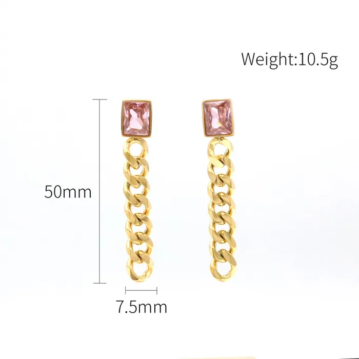 Wholesale Stainless Steel Tassel Chain Earrings – Square CZ Studs, Elegant Jewelry for Women