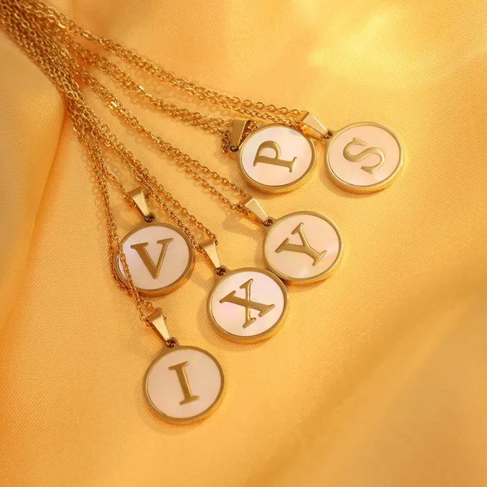 Wholesale 18K Gold Plated Stainless Steel Round Shell Necklace – Alphabet Pendant Jewelry for Women