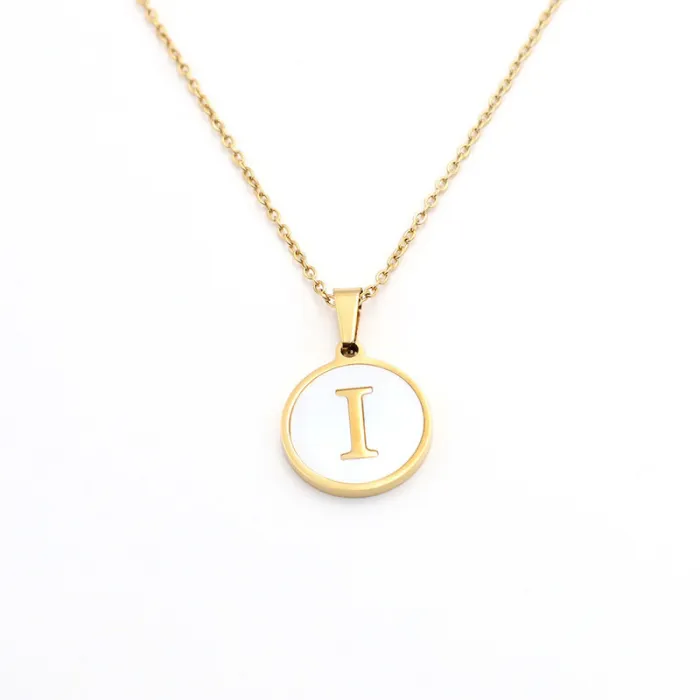 Wholesale 18K Gold Plated Stainless Steel Round Shell Necklace – Alphabet Pendant Jewelry for Women