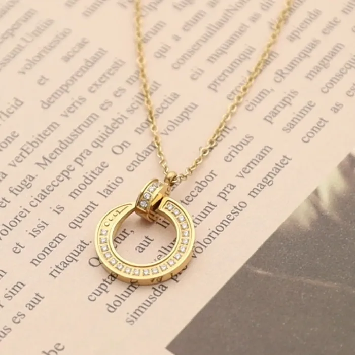 Wholesale Stainless Steel C-Shaped Pendant Necklace – CZ Inlaid Collar Chain for Women