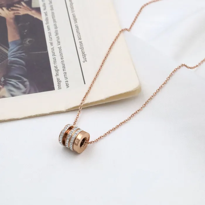 Wholesale Stainless Steel Oval Pendant Necklace – Triple Row CZ Waist Design, Popular Jewelry Gift for Women