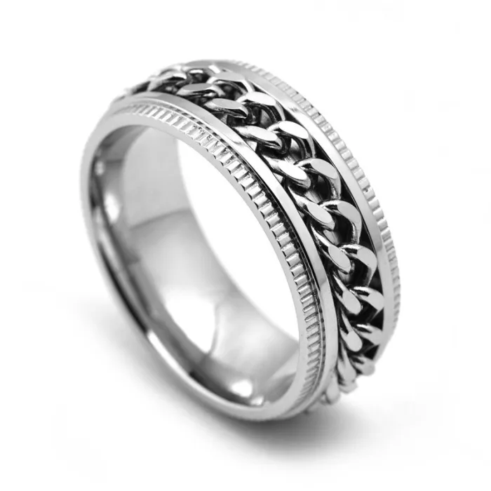 Men’s Stainless Steel Gear Chain Spinner Ring – Bold Punk Style Titanium Steel Jewelry