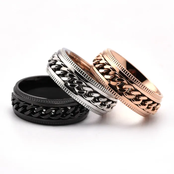 Men’s Stainless Steel Gear Chain Spinner Ring – Bold Punk Style Titanium Steel Jewelry