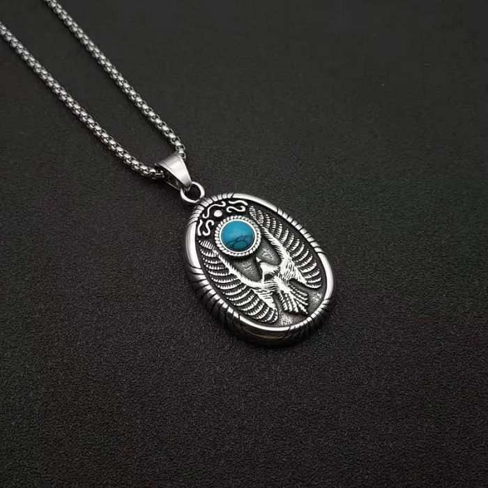 Wholesale Polished Titanium Steel Eagle Pendant Necklace with Turquoise – Vintage Punk Jewelry Bulk Supplier Factory Price