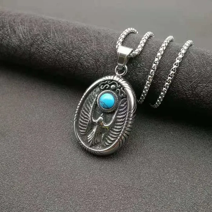 Wholesale Polished Titanium Steel Eagle Pendant Necklace with Turquoise – Vintage Punk Jewelry Bulk Supplier Factory Price