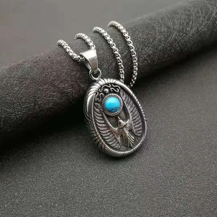Wholesale Polished Titanium Steel Eagle Pendant Necklace with Turquoise – Vintage Punk Jewelry Bulk Supplier Factory Price