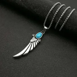 Wholesale Polished Titanium Steel Feather Wing Pendant Necklace with Turquoise – Vintage Punk Jewelry Bulk Supplier Factory Price - Jewelryto