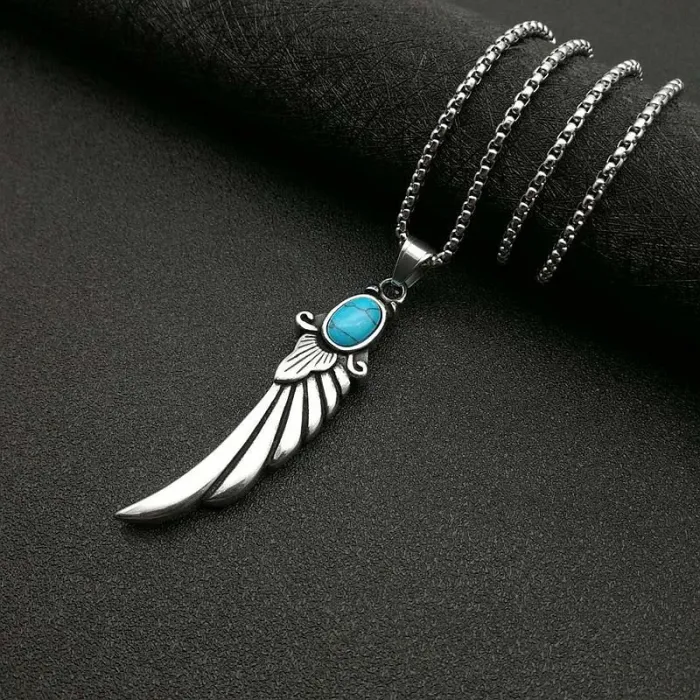 Wholesale Polished Titanium Steel Feather Wing Pendant Necklace with Turquoise – Vintage Punk Jewelry Bulk Supplier Factory Price