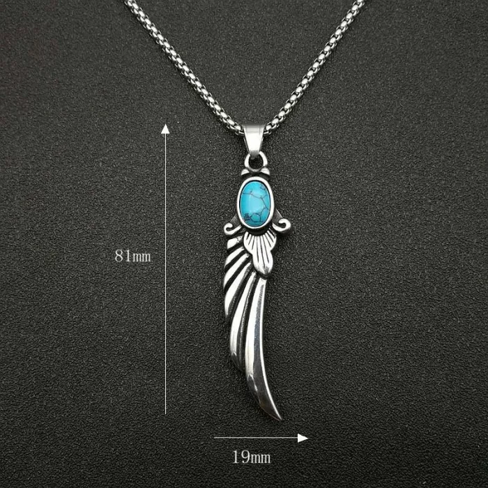 Wholesale Polished Titanium Steel Feather Wing Pendant Necklace with Turquoise – Vintage Punk Jewelry Bulk Supplier Factory Price