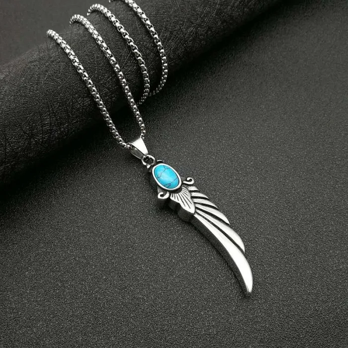 Wholesale Polished Titanium Steel Feather Wing Pendant Necklace with Turquoise – Vintage Punk Jewelry Bulk Supplier Factory Price