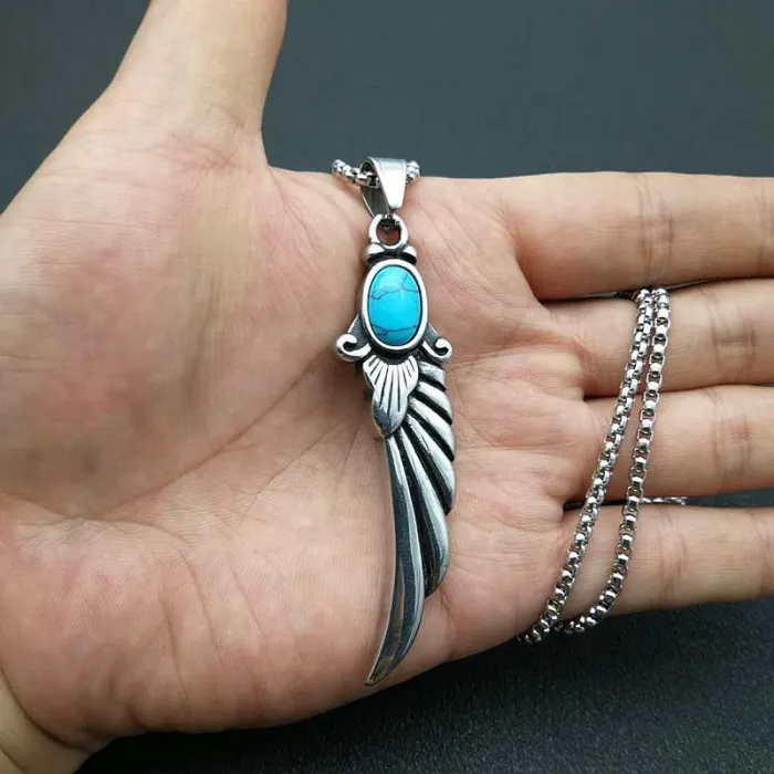 Wholesale Polished Titanium Steel Feather Wing Pendant Necklace with Turquoise – Vintage Punk Jewelry Bulk Supplier Factory Price
