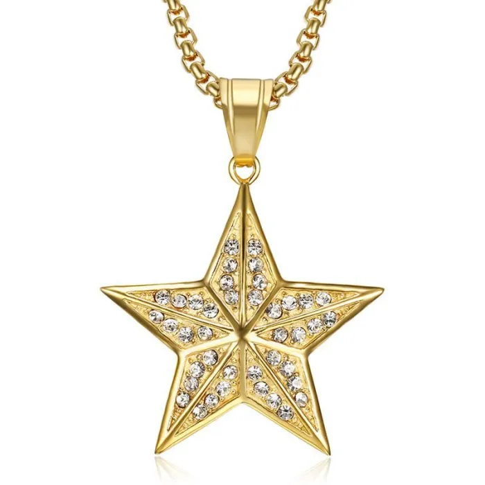 Wholesale Gold Plated Titanium Steel Five Pointed Star Pendant Necklace – Hip Hop Iced Out Jewelry Bulk Supplier Factory Price