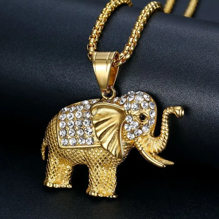 Wholesale Gold Plated Titanium Steel African Elephant Pendant Necklace – Hip Hop Iced Out Jewelry Bulk Supplier Factory Price