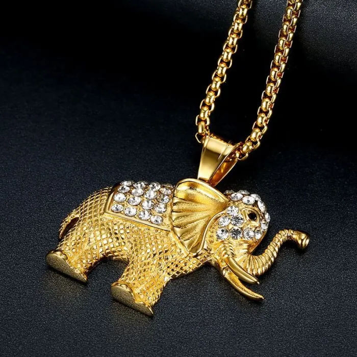 Wholesale Gold Plated Titanium Steel African Elephant Pendant Necklace – Hip Hop Iced Out Jewelry Bulk Supplier Factory Price