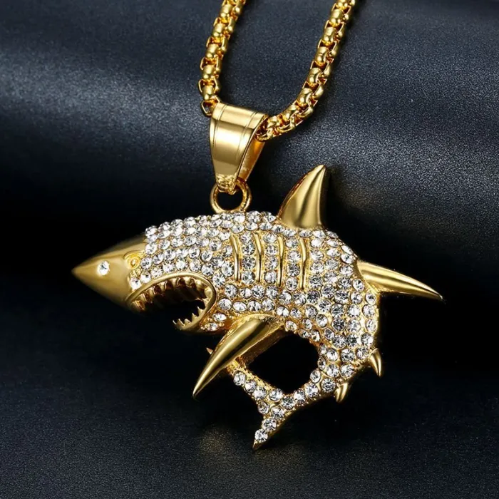 Wholesale Gold Plated Titanium Steel Great White Shark Pendant Necklace – Hip Hop Iced Out Jewelry Bulk Supplier Factory Price