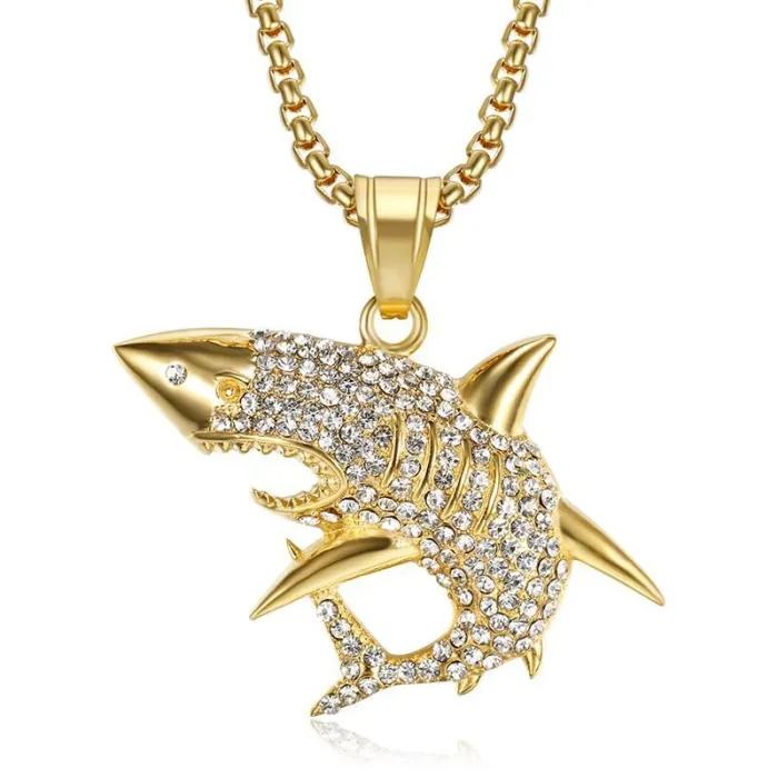 Wholesale Gold Plated Titanium Steel Great White Shark Pendant Necklace – Hip Hop Iced Out Jewelry Bulk Supplier Factory Price
