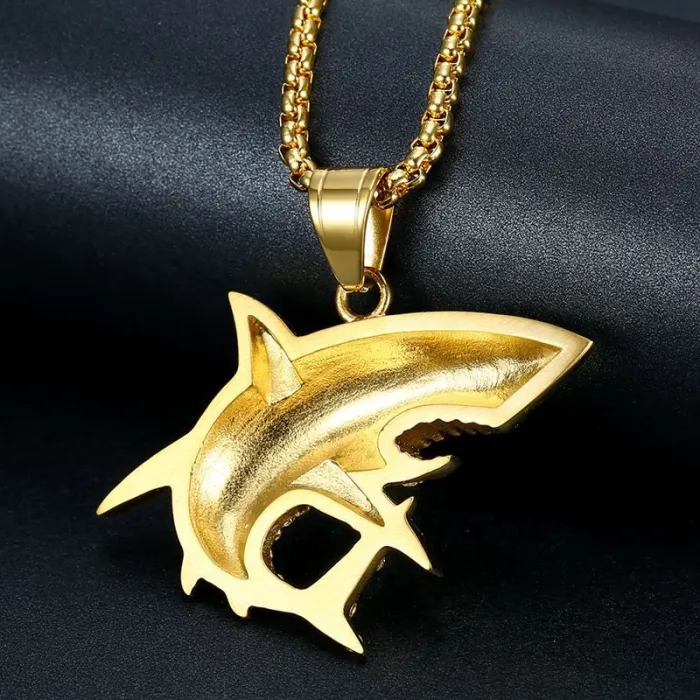 Wholesale Gold Plated Titanium Steel Great White Shark Pendant Necklace – Hip Hop Iced Out Jewelry Bulk Supplier Factory Price