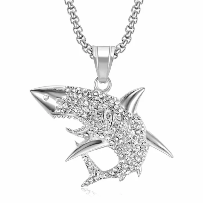 Wholesale Gold Plated Titanium Steel Great White Shark Pendant Necklace – Hip Hop Iced Out Jewelry Bulk Supplier Factory Price
