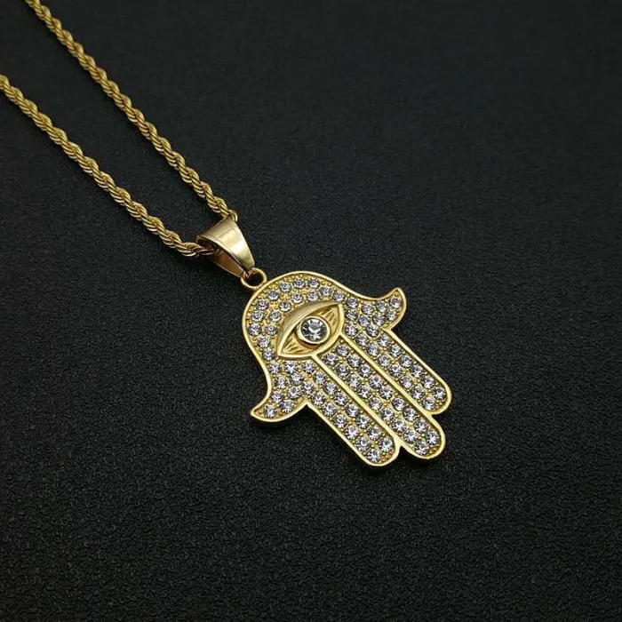 Wholesale Gold Plated Titanium Steel Hamsa Hand Pendant Necklace – Hip Hop Iced Out Jewelry Bulk Supplier Factory Price