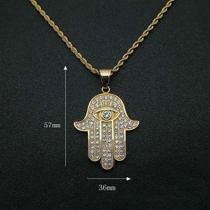 Wholesale Gold Plated Titanium Steel Hamsa Hand Pendant Necklace – Hip Hop Iced Out Jewelry Bulk Supplier Factory Price
