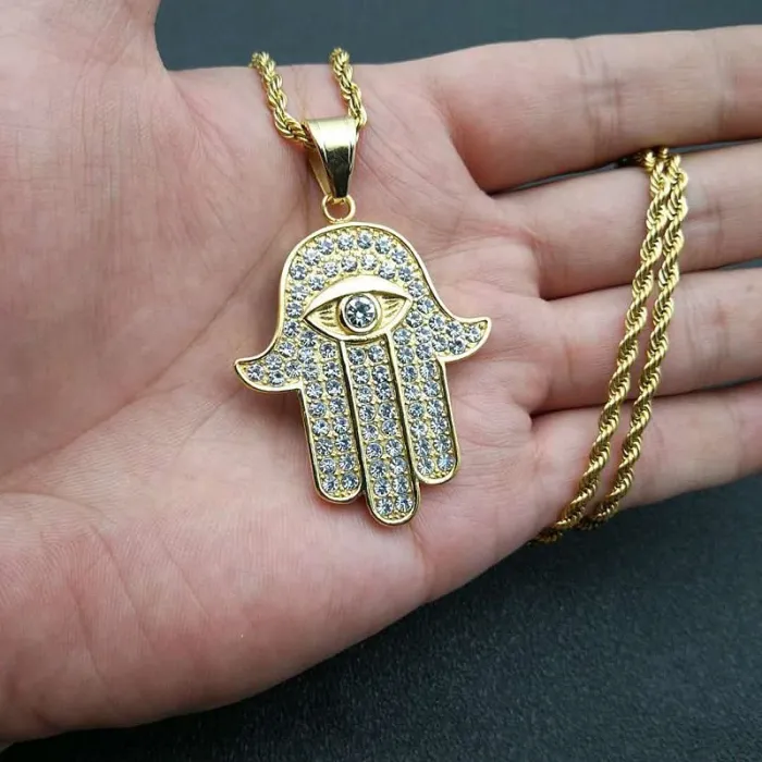 Wholesale Gold Plated Titanium Steel Hamsa Hand Pendant Necklace – Hip Hop Iced Out Jewelry Bulk Supplier Factory Price