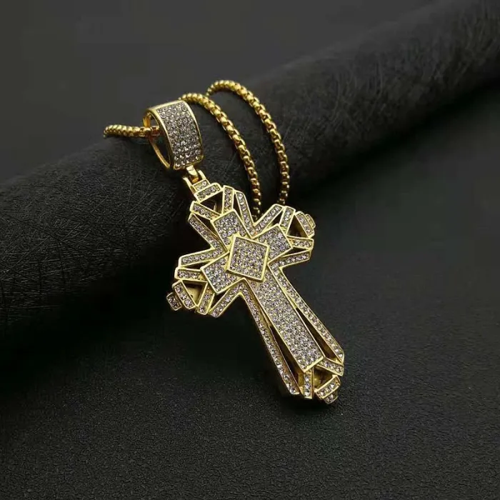 Wholesale Gold Plated Titanium Steel Cross Pendant Necklace – Hip Hop Iced Out Religious Jewelry Bulk Supplier Factory Price