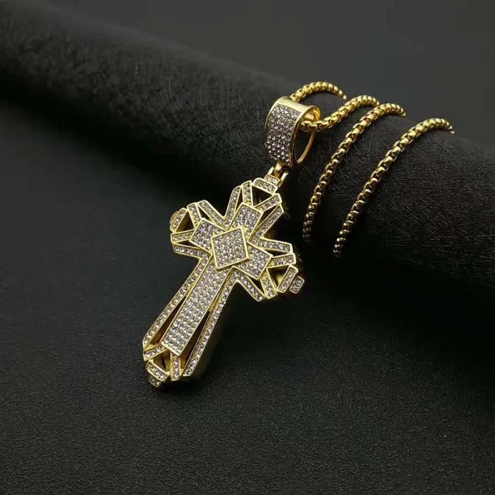 Wholesale Gold Plated Titanium Steel Cross Pendant Necklace – Hip Hop Iced Out Religious Jewelry Bulk Supplier Factory Price