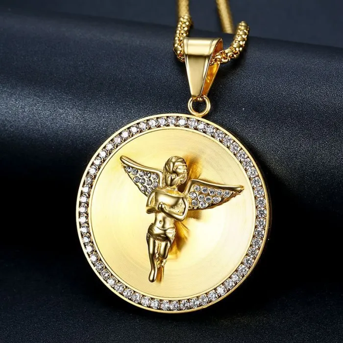 Wholesale Gold Plated Titanium Steel Angel Pendant Necklace with Cubic Zirconia – Hip Hop Jewelry Bulk Supplier Factory Price
