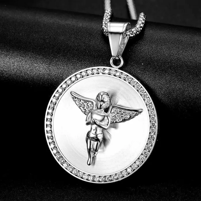 Wholesale Gold Plated Titanium Steel Angel Pendant Necklace with Cubic Zirconia – Hip Hop Jewelry Bulk Supplier Factory Price