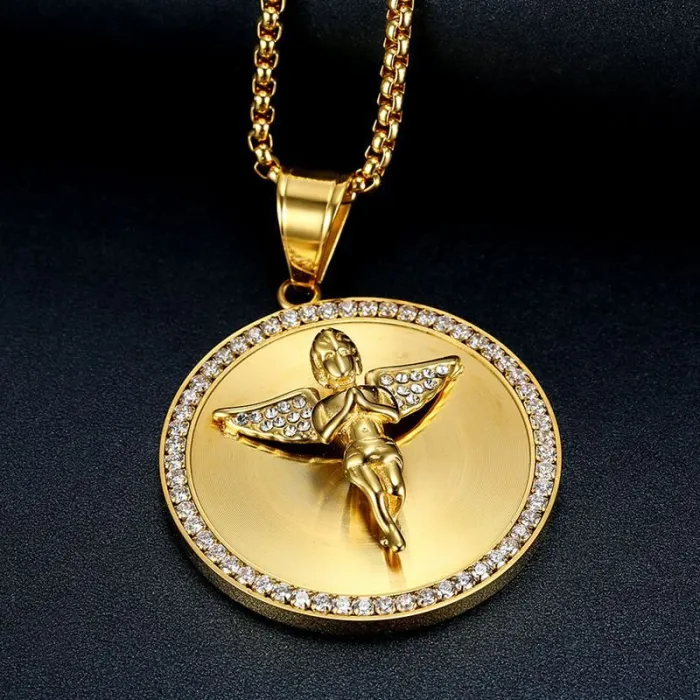 Wholesale Gold Plated Titanium Steel Angel Pendant Necklace with Cubic Zirconia – Hip Hop Jewelry Bulk Supplier Factory Price