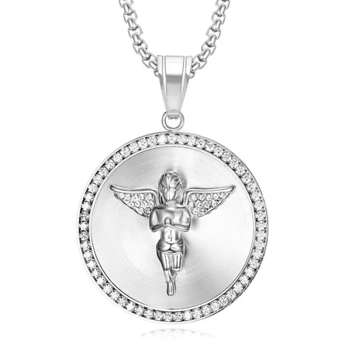 Wholesale Gold Plated Titanium Steel Angel Pendant Necklace with Cubic Zirconia – Hip Hop Jewelry Bulk Supplier Factory Price