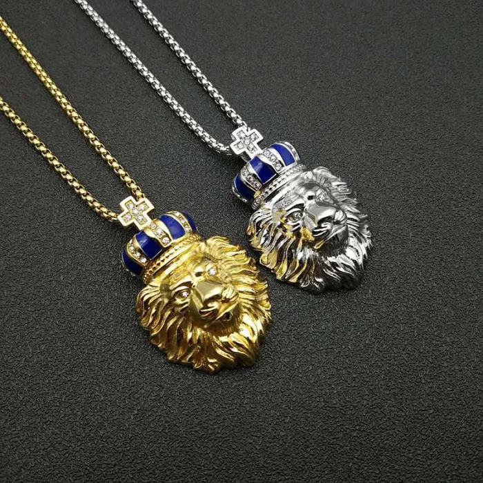 Wholesale Gold Plated Titanium Steel Crown Lion Head Pendant Necklace – Hip Hop Iced Out Jewelry Bulk Supplier Factory Price