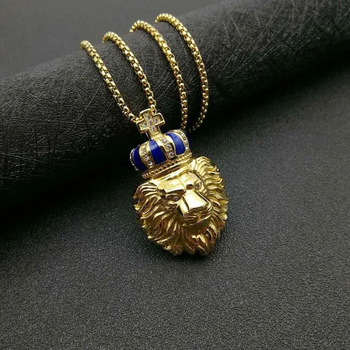 Wholesale Gold Plated Titanium Steel Crown Lion Head Pendant Necklace – Hip Hop Iced Out Jewelry Bulk Supplier Factory Price