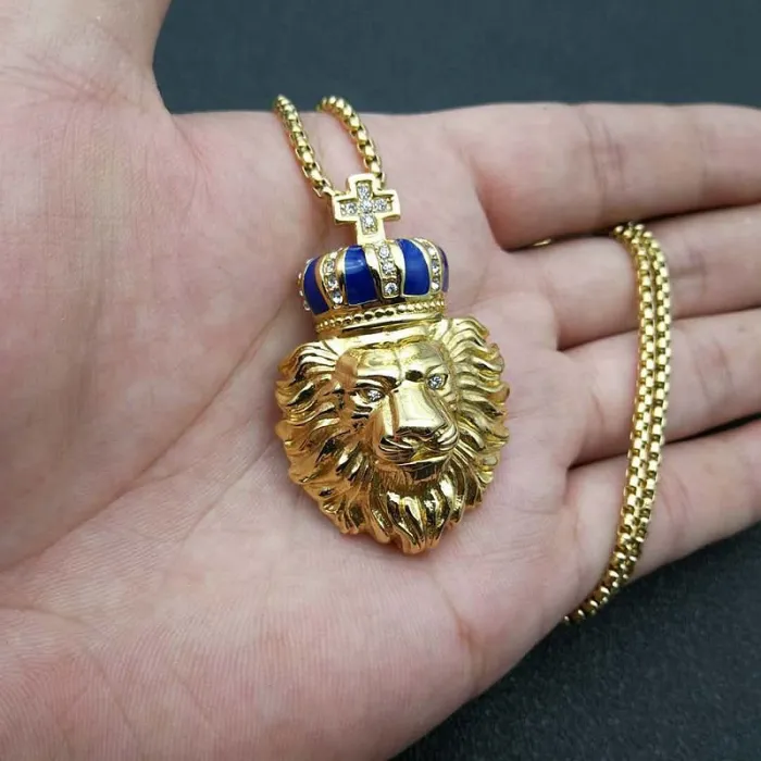 Wholesale Gold Plated Titanium Steel Crown Lion Head Pendant Necklace – Hip Hop Iced Out Jewelry Bulk Supplier Factory Price