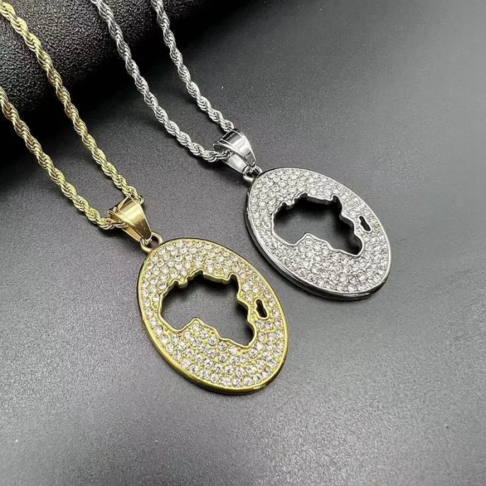 Wholesale Gold Plated Titanium Steel Africa Map Pendant Necklace – Hip Hop Iced Out Jewelry Bulk Supplier Factory Price