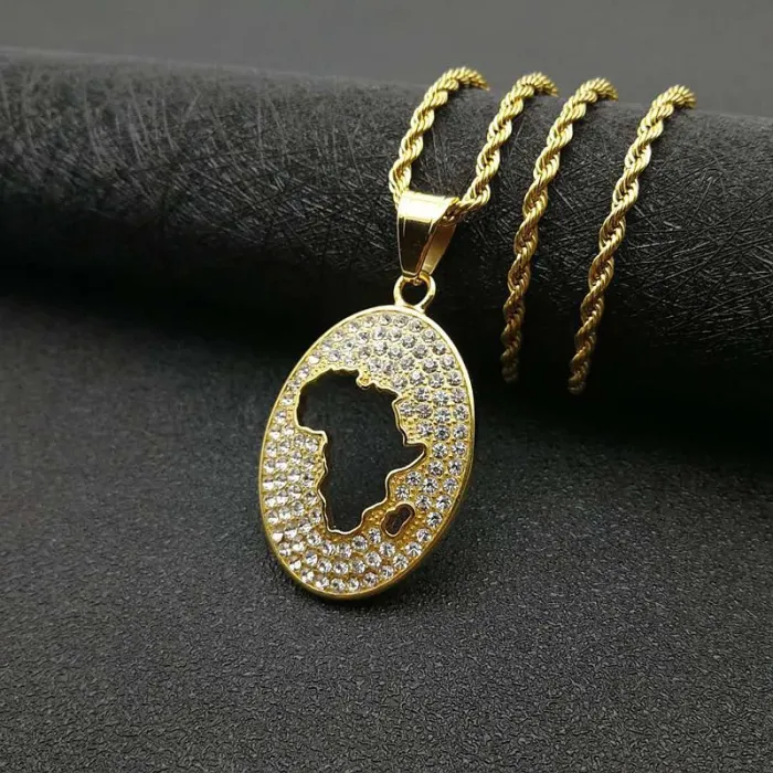 Wholesale Gold Plated Titanium Steel Africa Map Pendant Necklace – Hip Hop Iced Out Jewelry Bulk Supplier Factory Price