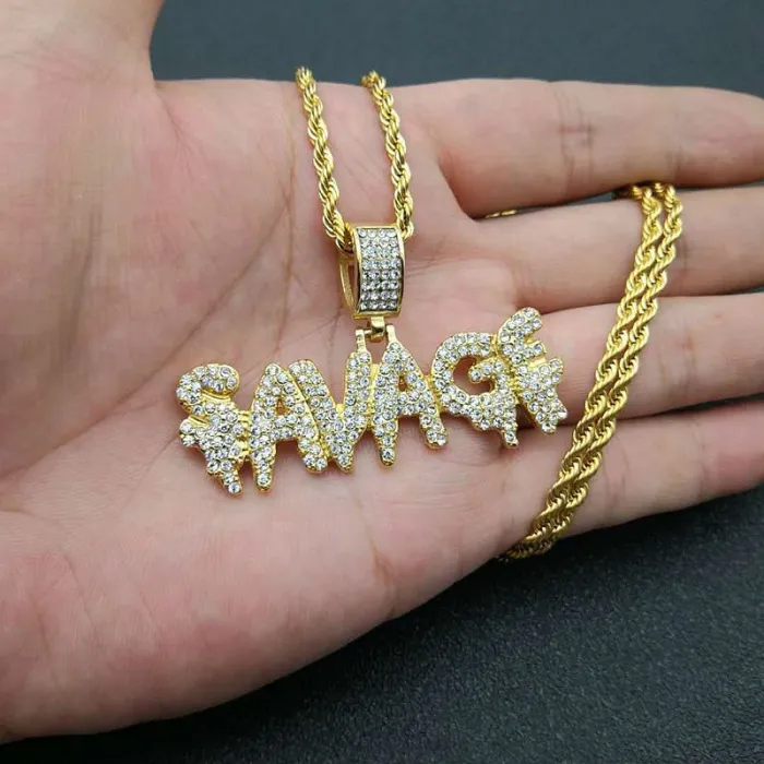Wholesale Gold Plated Titanium Steel SAVAGE Pendant Necklace – Hip Hop Iced Out Jewelry Bulk Supplier Factory Price