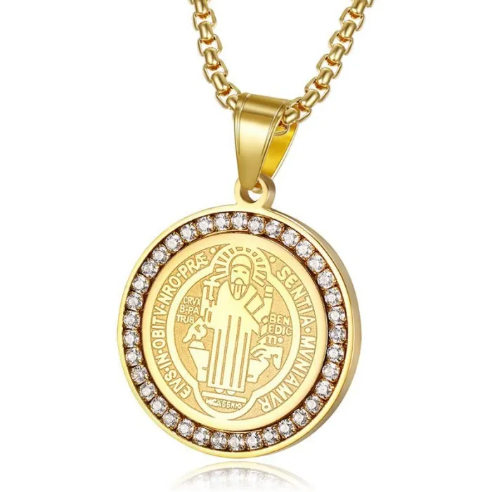 Wholesale Gold Plated Titanium Steel St. Benedict Pendant Necklace with Cubic Zirconia – Hip Hop Religious Jewelry Bulk Supplier Factory Price